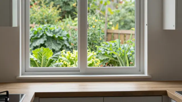 Wooden kitchen countertop sits below a double window looking out onto a leafy vegetable garden