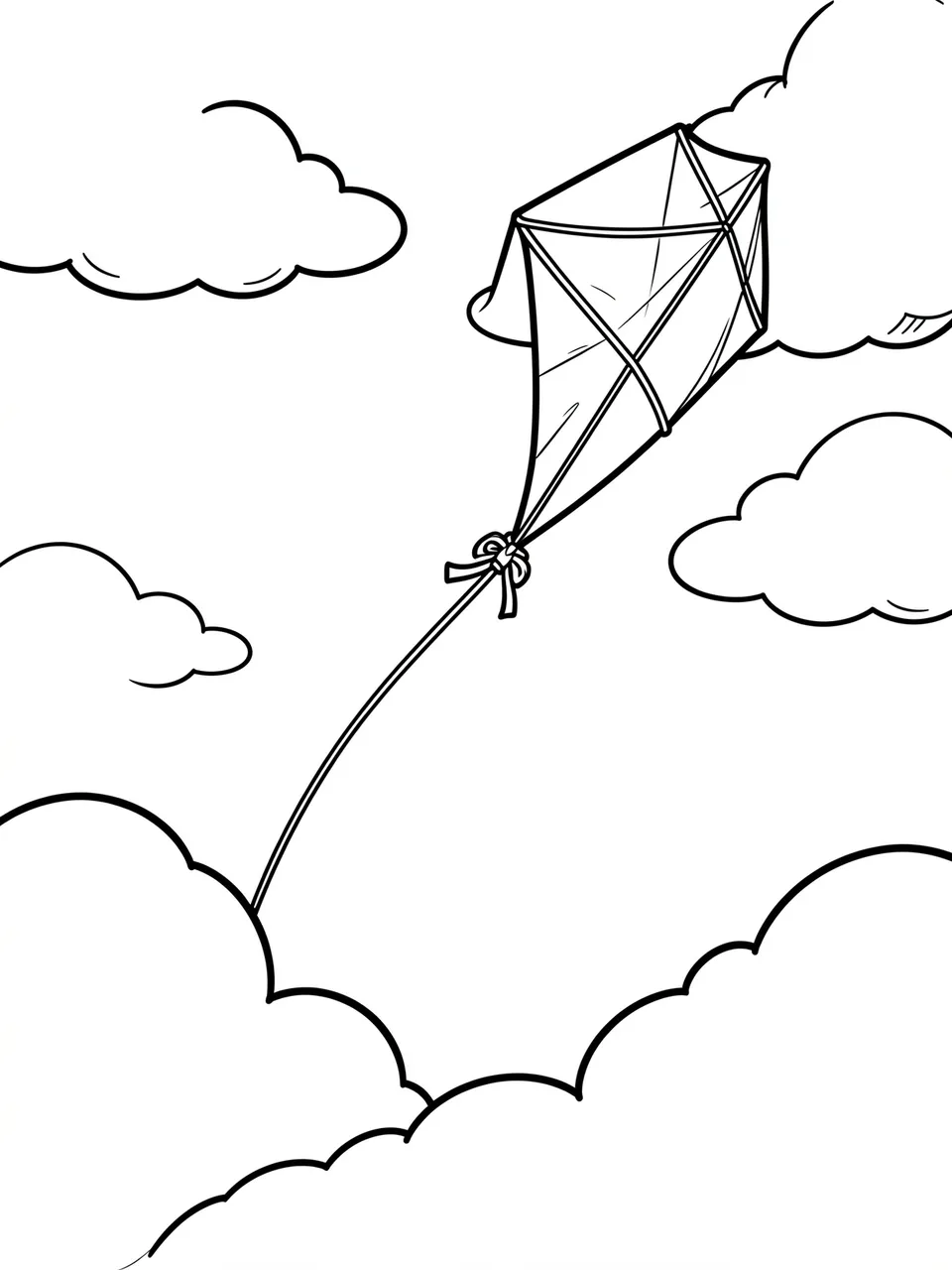 Simple bold black line art of a flying kite surrounded by fluffy clouds on a white background
