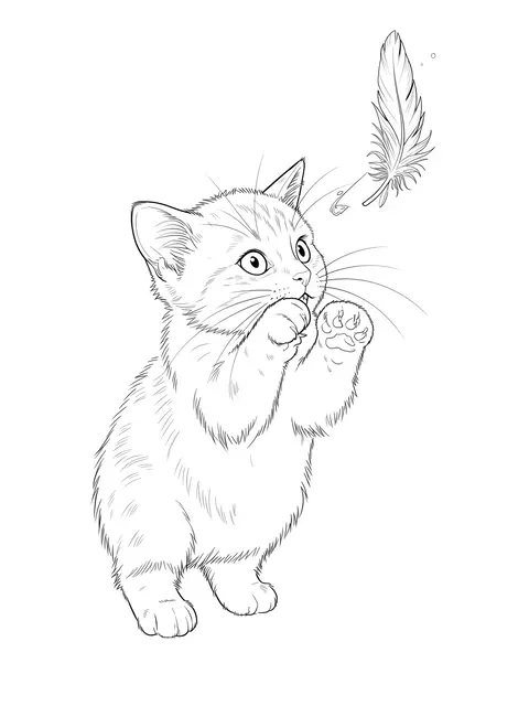A delicate fine line drawing of an excited kitten standing to bat at a floating feather on a plain white background