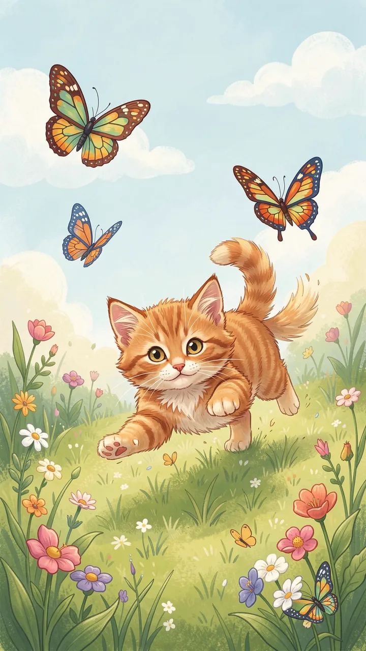 An orange tabby kitten reaches toward colorful butterflies above a flower-filled grassy meadow under a soft cloudy sky.