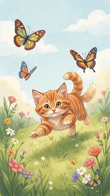 An orange tabby kitten reaches toward colorful butterflies above a flower-filled grassy meadow under a soft cloudy sky.