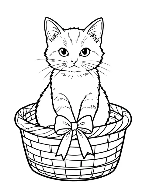 Black and white line art of a cute kitten sitting in a wicker basket with a bow on a plain white background