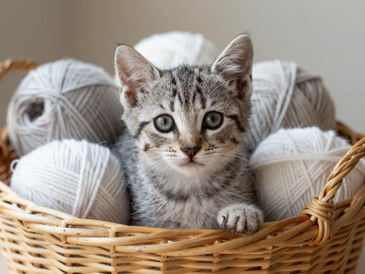 A tabby kitten sits inside a wicker basket filled with neutral tone yarn balls, looking at the camera.