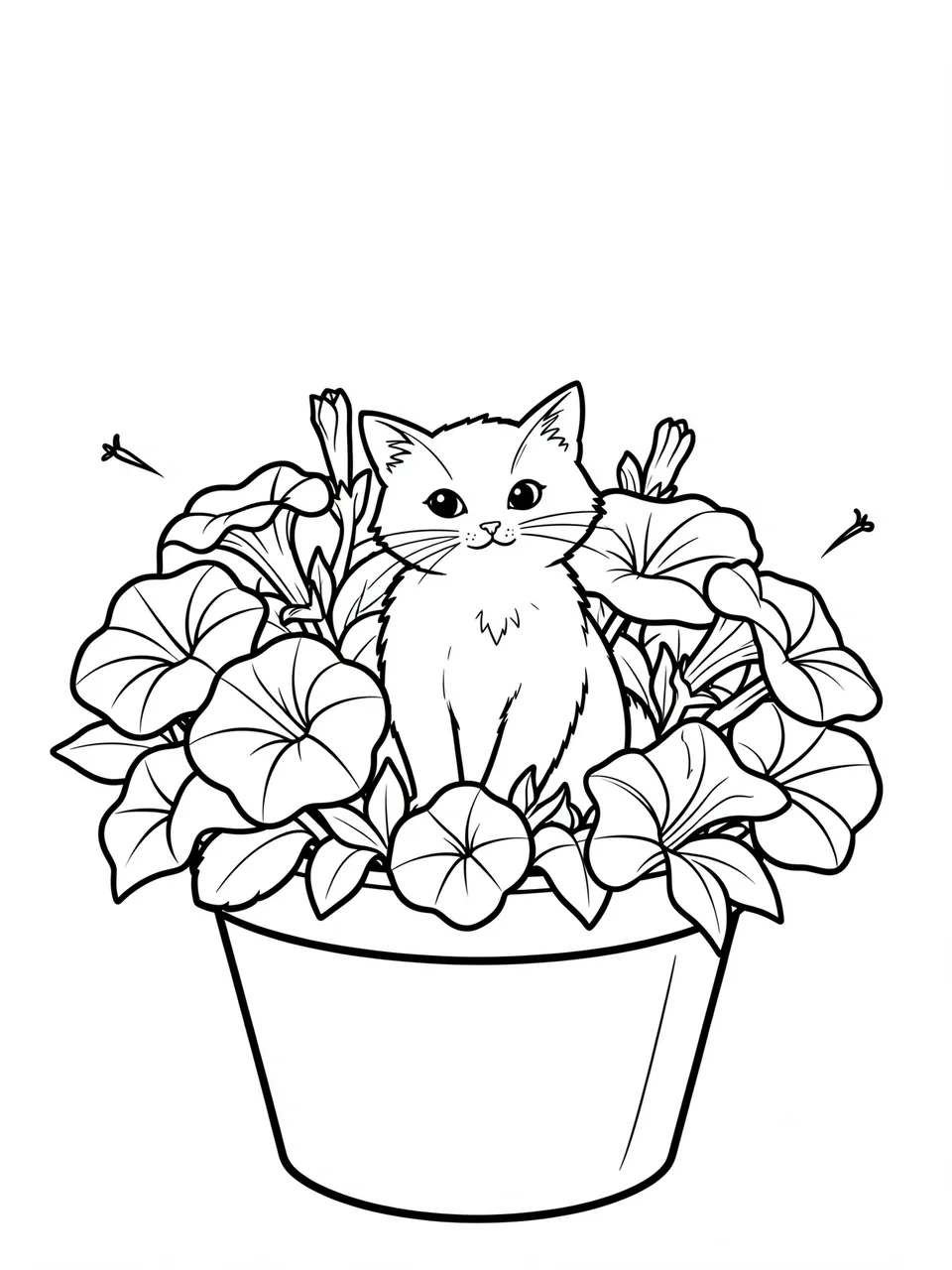 Bold black line art shows a kitten sitting inside a flower pot surrounded by petunia flowers on a white background