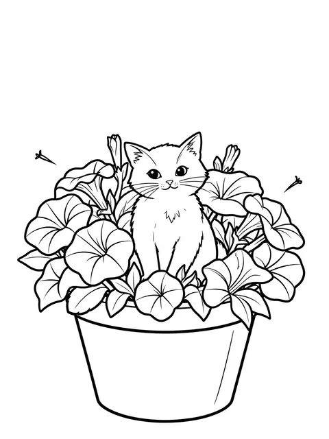 Bold black line art shows a kitten sitting inside a flower pot surrounded by petunia flowers on a white background