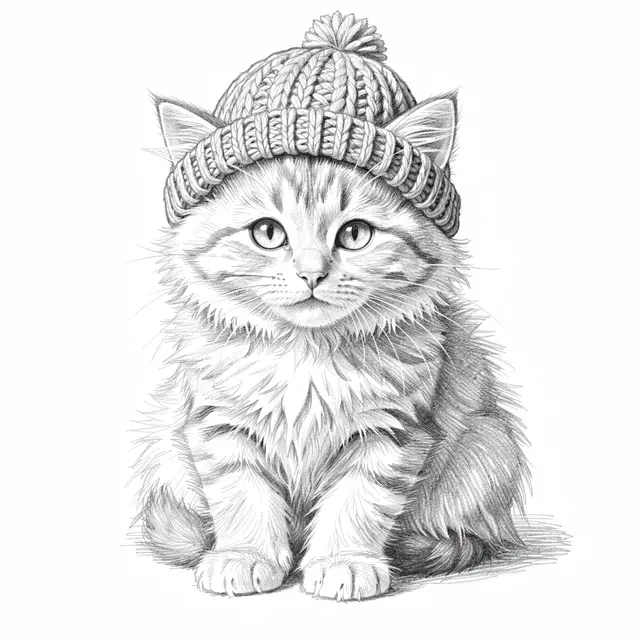 Detailed graphite pencil sketch of a fluffy tabby kitten sitting while wearing a pom-pom knitted beanie hat