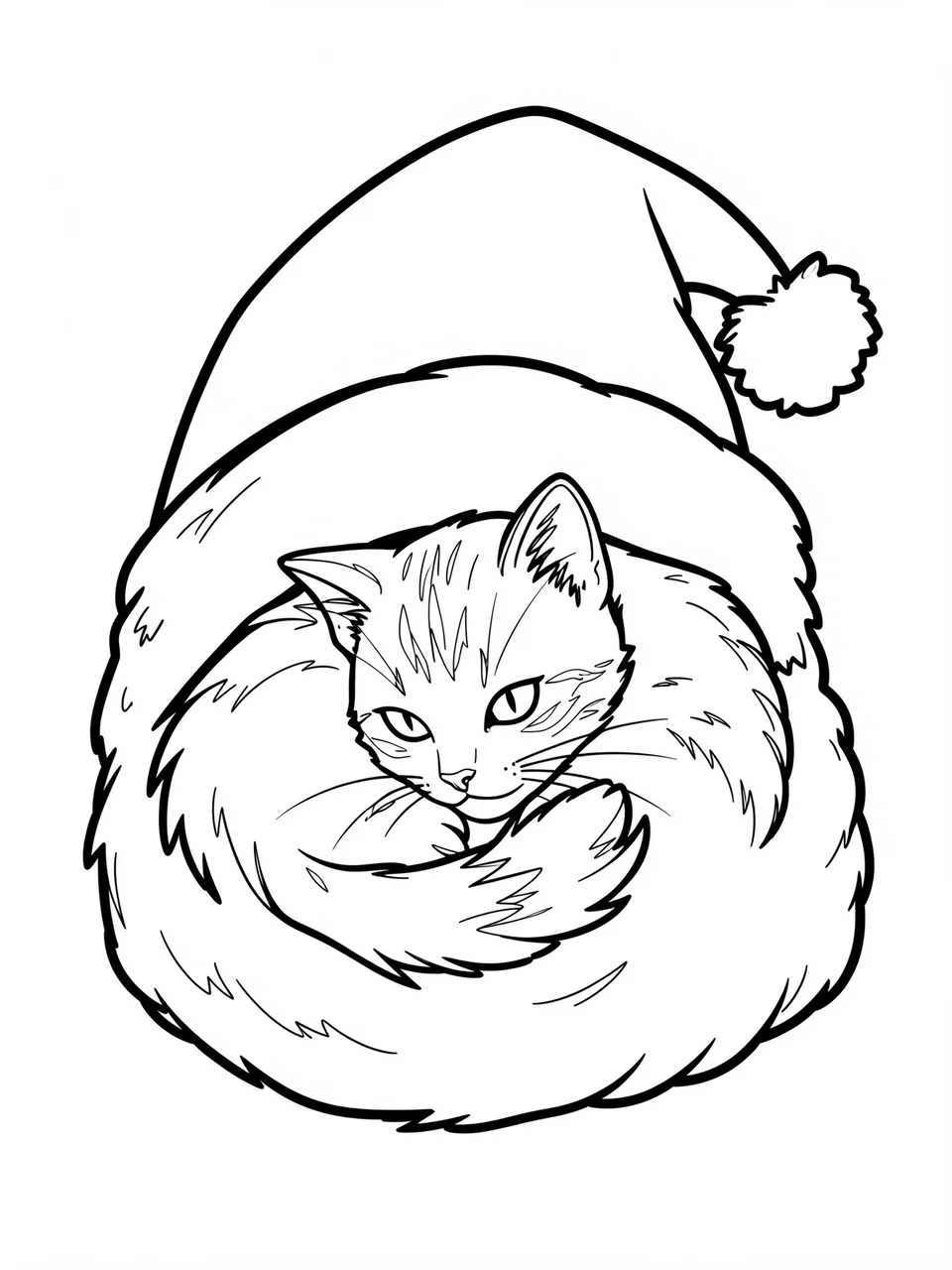 Bold black and white line art of a curled kitten resting inside a Santa hat on a plain white background