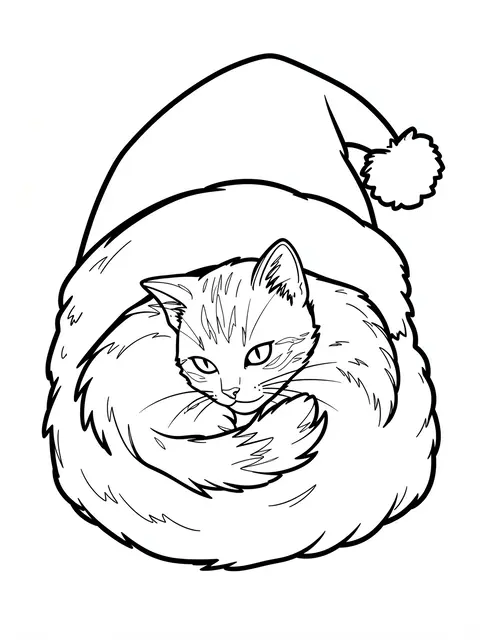Bold black and white line art of a curled kitten resting inside a Santa hat on a plain white background