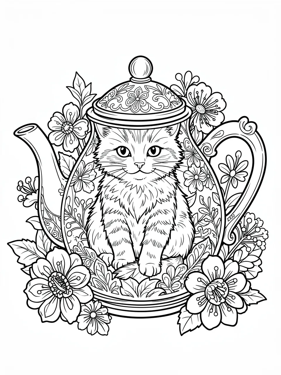 Black and white line art of a fluffy kitten sitting inside an ornate teapot surrounded by detailed lacy flowers