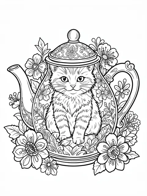 Black and white line art of a fluffy kitten sitting inside an ornate teapot surrounded by detailed lacy flowers