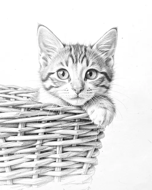 Detailed graphite pencil drawing of a tabby kitten peeking over the edge of a wicker basket