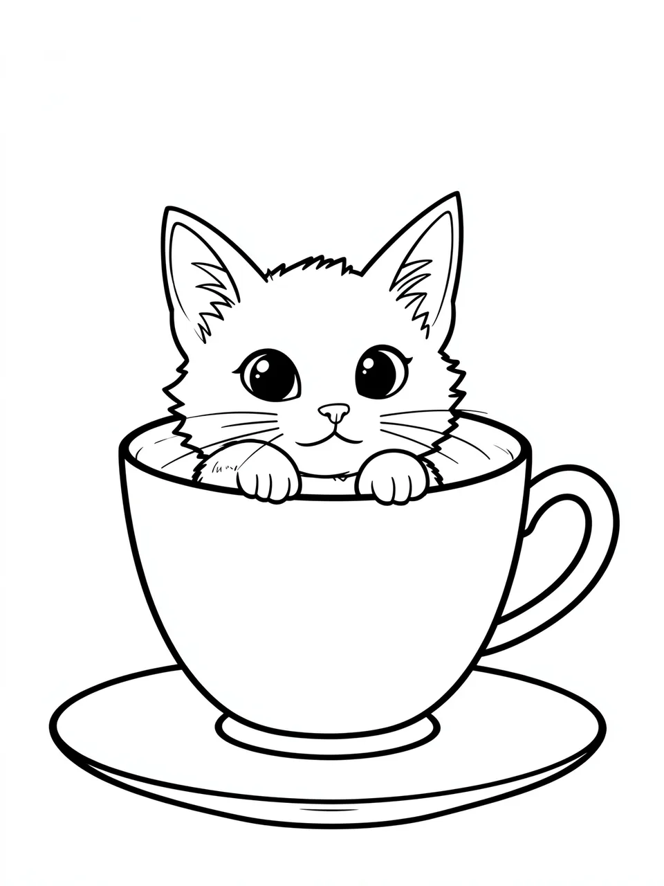 Bold black line art of a cute kitten peeking out from a teacup on a saucer against a white background