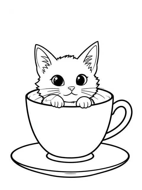 Bold black line art of a cute kitten peeking out from a teacup on a saucer against a white background