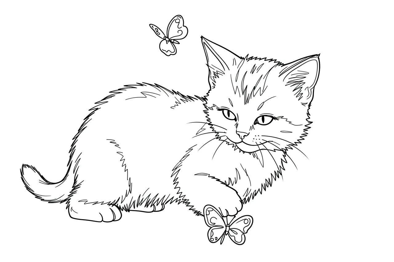 Black line drawing of a fluffy kitten interacting with two butterflies on a plain white background