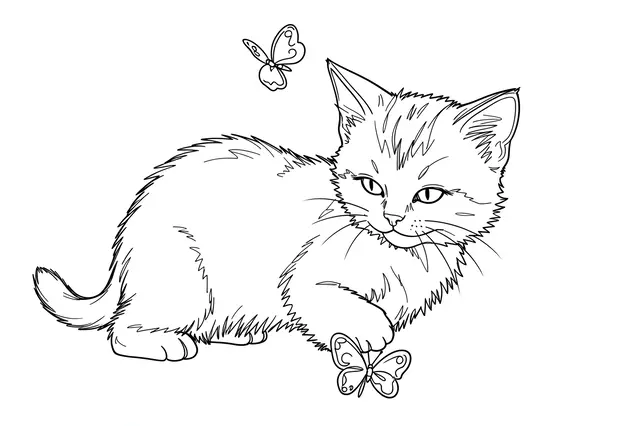Black line drawing of a fluffy kitten interacting with two butterflies on a plain white background