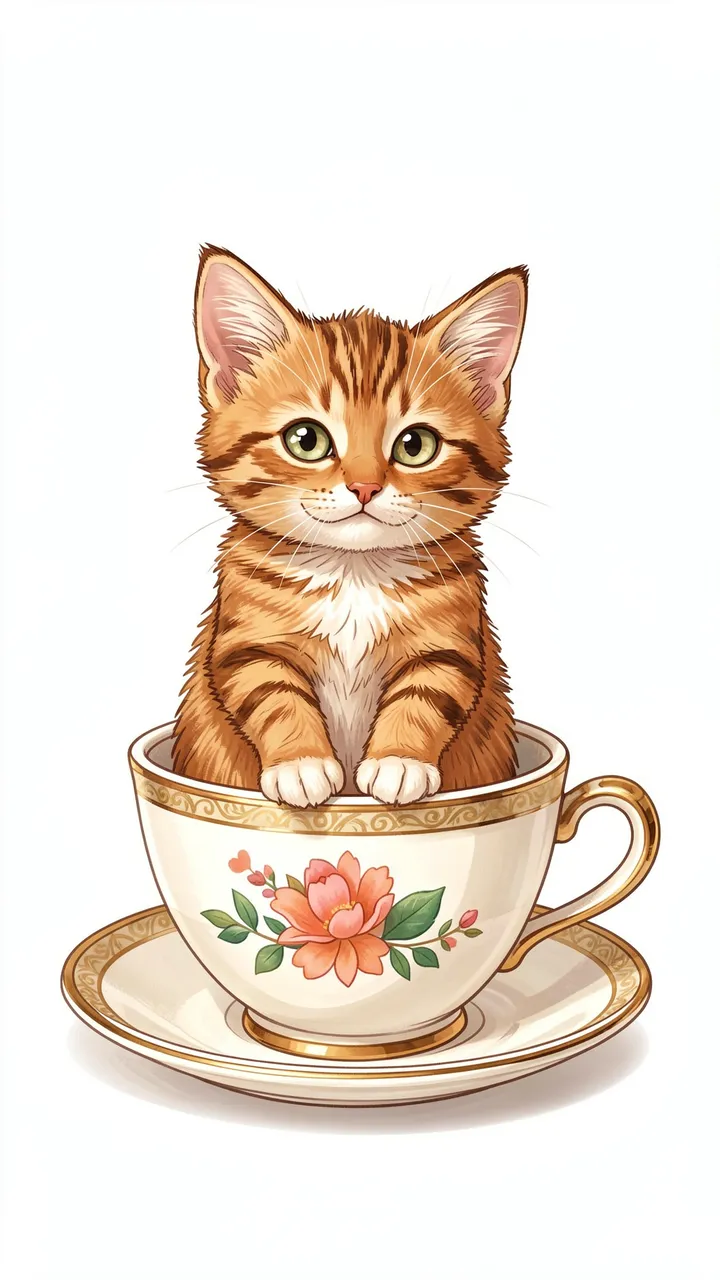 A cute orange tabby kitten sits inside a decorative floral teacup resting on a matching saucer.