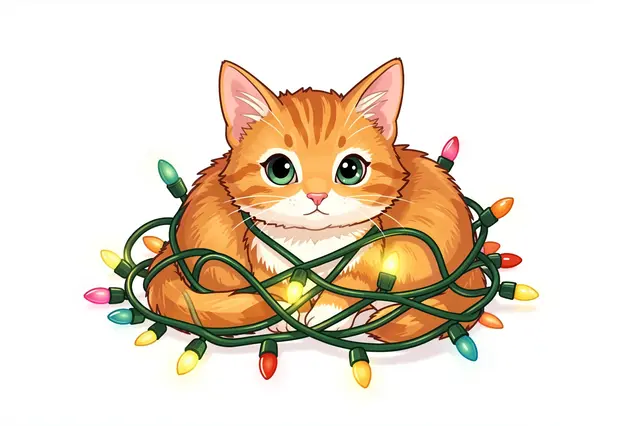 Cute orange tabby kitten sits tangled in a string of colorful glowing Christmas lights against a plain white background