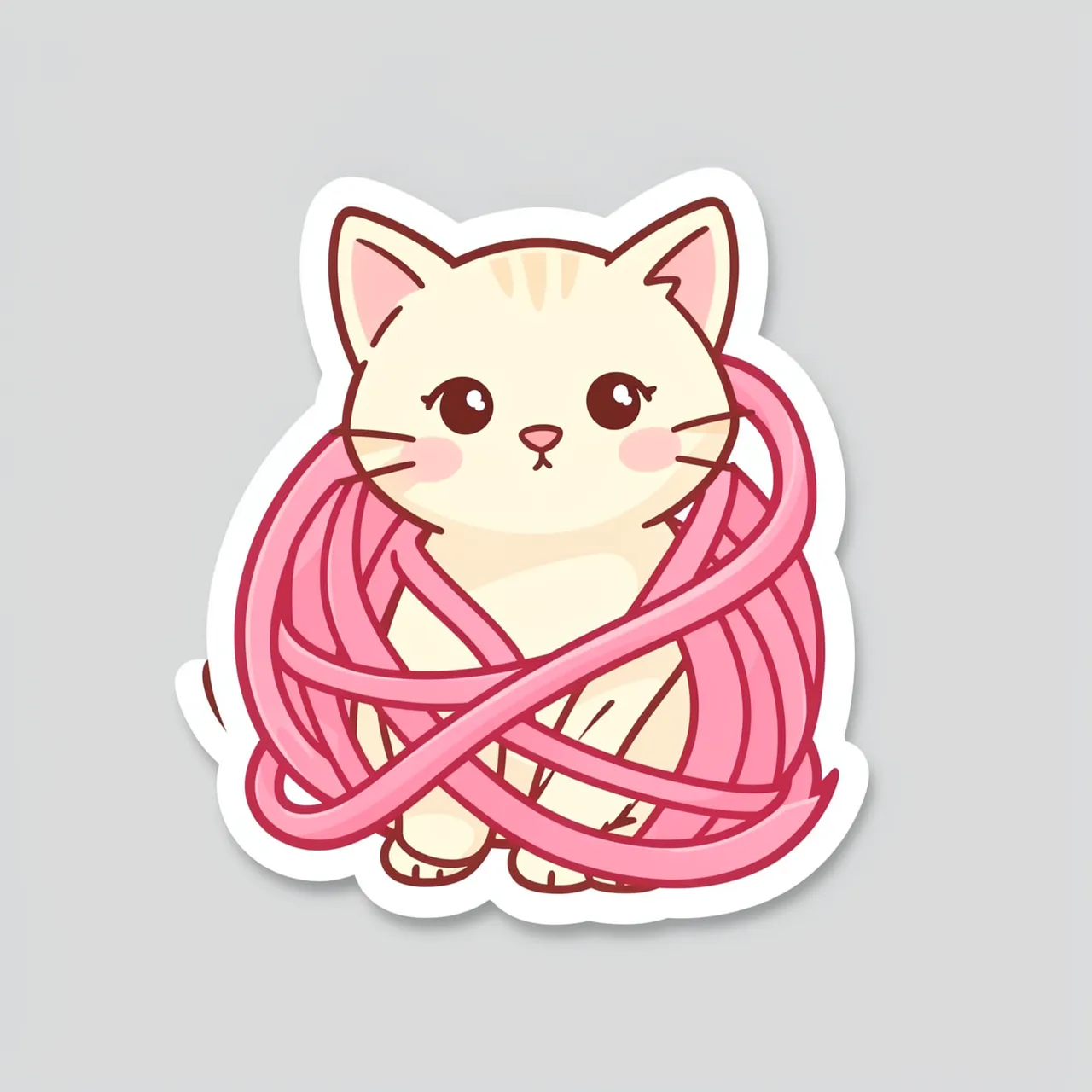 A cute die-cut sticker of a cream kitten tangled in pink yarn on a plain light gray background