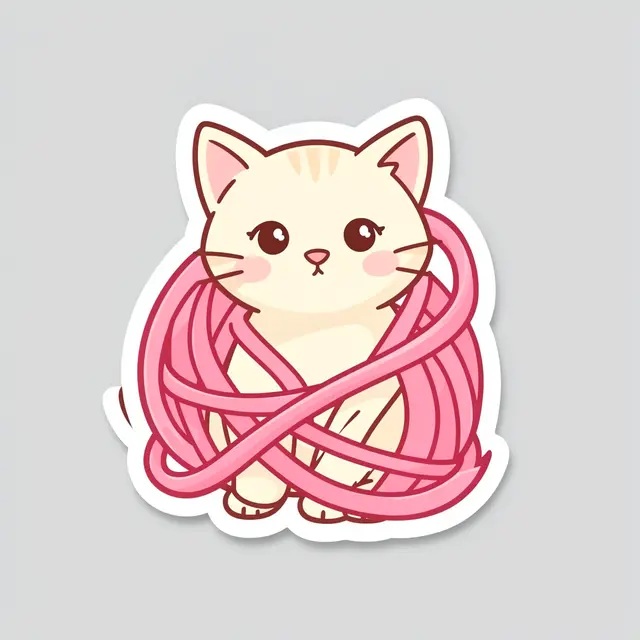A cute die-cut sticker of a cream kitten tangled in pink yarn on a plain light gray background