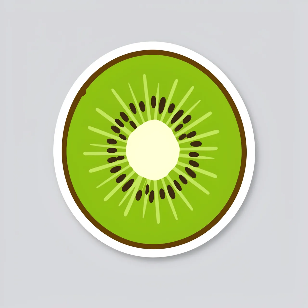Flat illustrated die-cut sticker of a cross-section kiwi slice with a thick white border on a light gray background