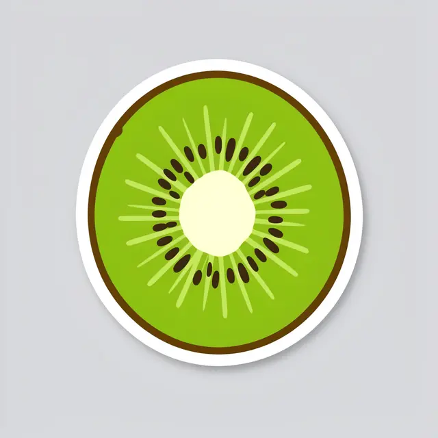 Flat illustrated die-cut sticker of a cross-section kiwi slice with a thick white border on a light gray background