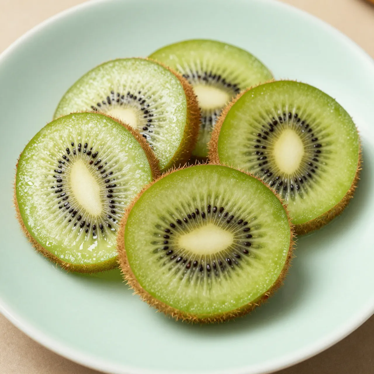 Top view of fresh thin kiwi slices arranged on a pale green ceramic plate