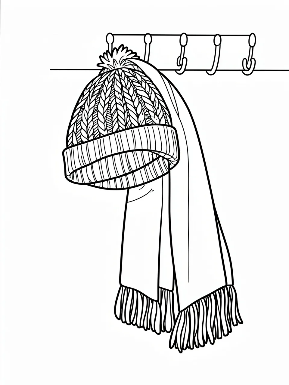 Black and white line art of a knit pom-pom hat and fringed scarf hanging from a wall hook rack