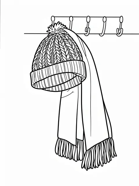 Black and white line art of a knit pom-pom hat and fringed scarf hanging from a wall hook rack