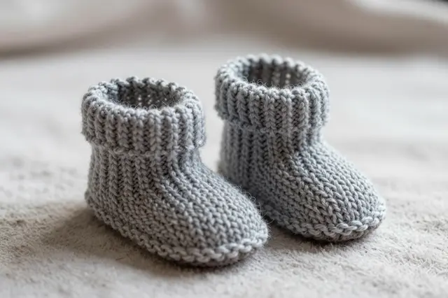 Two tiny gray knitted baby booties rest on a fuzzy pale soft blanket