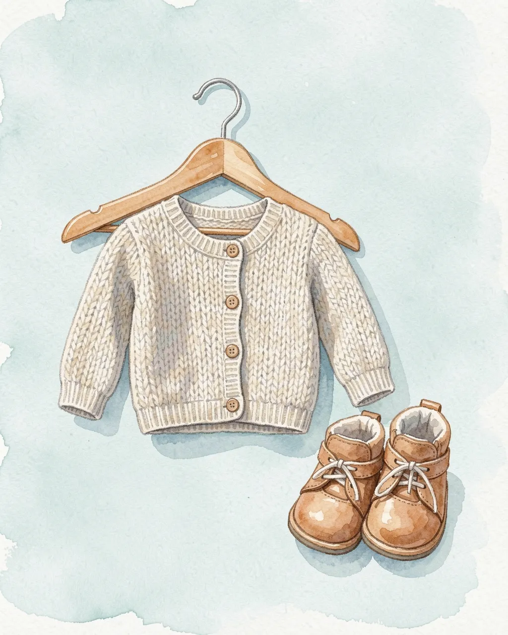 Watercolor illustration of a tiny knitted baby cardigan on a wooden hanger next to small baby boots against a pale blue wash