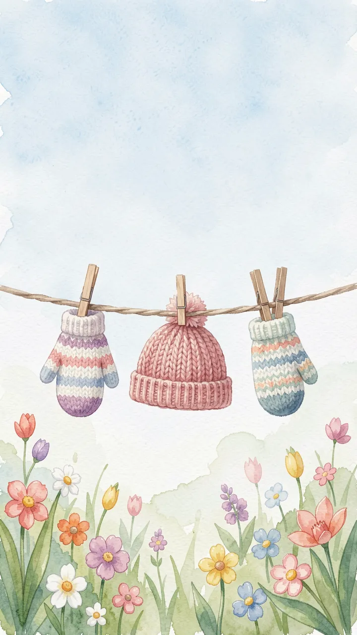 Knitted baby hat and mittens clipped to a clothesline above a spring flower garden under a soft pale sky