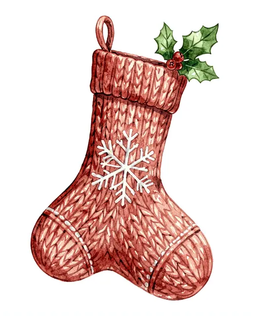Watercolor illustration of a red knitted Christmas stocking with snowflake and holly on a white background