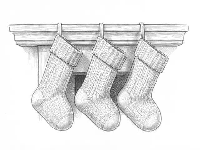 Graphite pencil sketch of three plain knitted Christmas stockings hanging from a wooden fireplace mantel