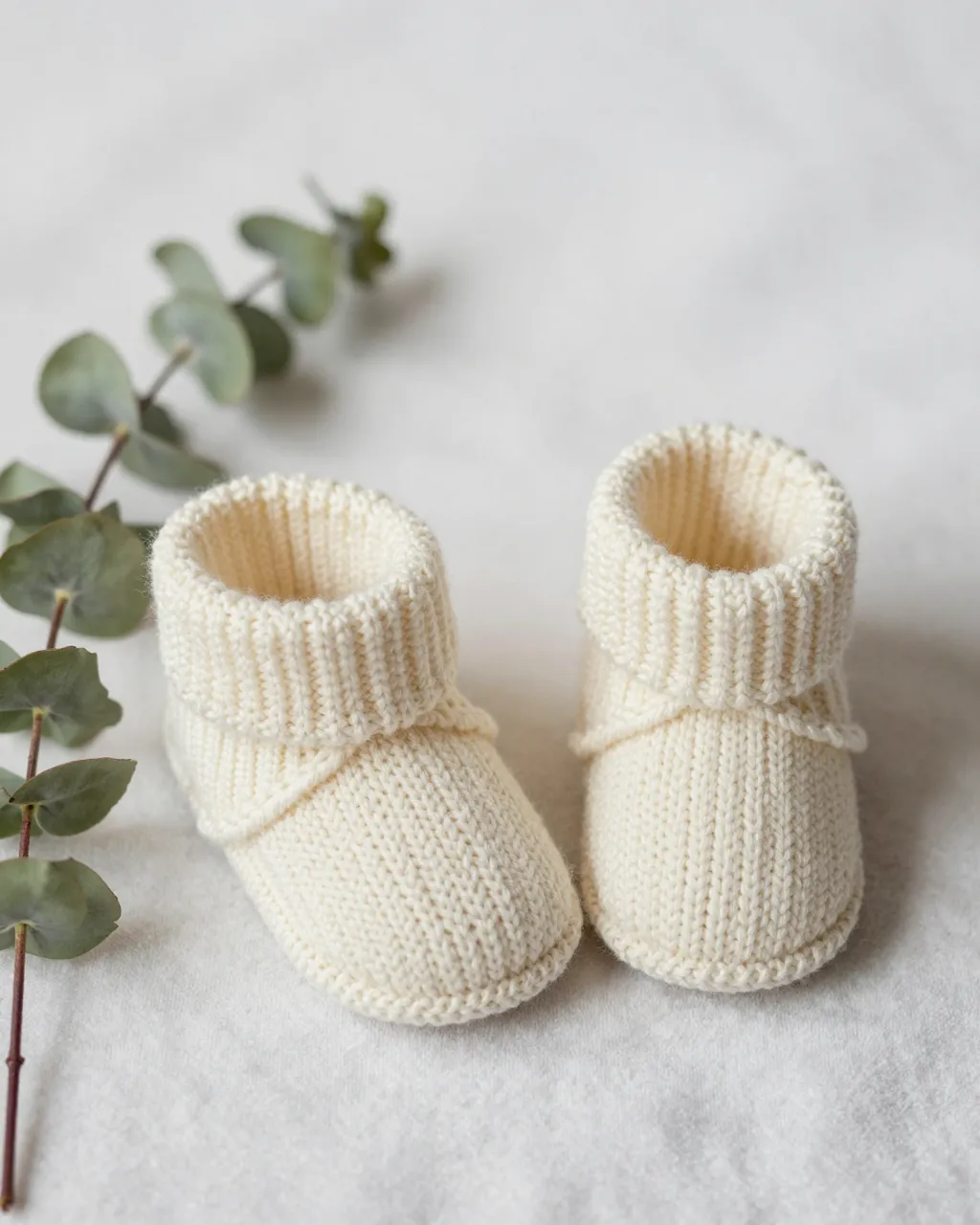 Pair of cream knitted baby booties sit beside a eucalyptus sprig on soft off-white fabric