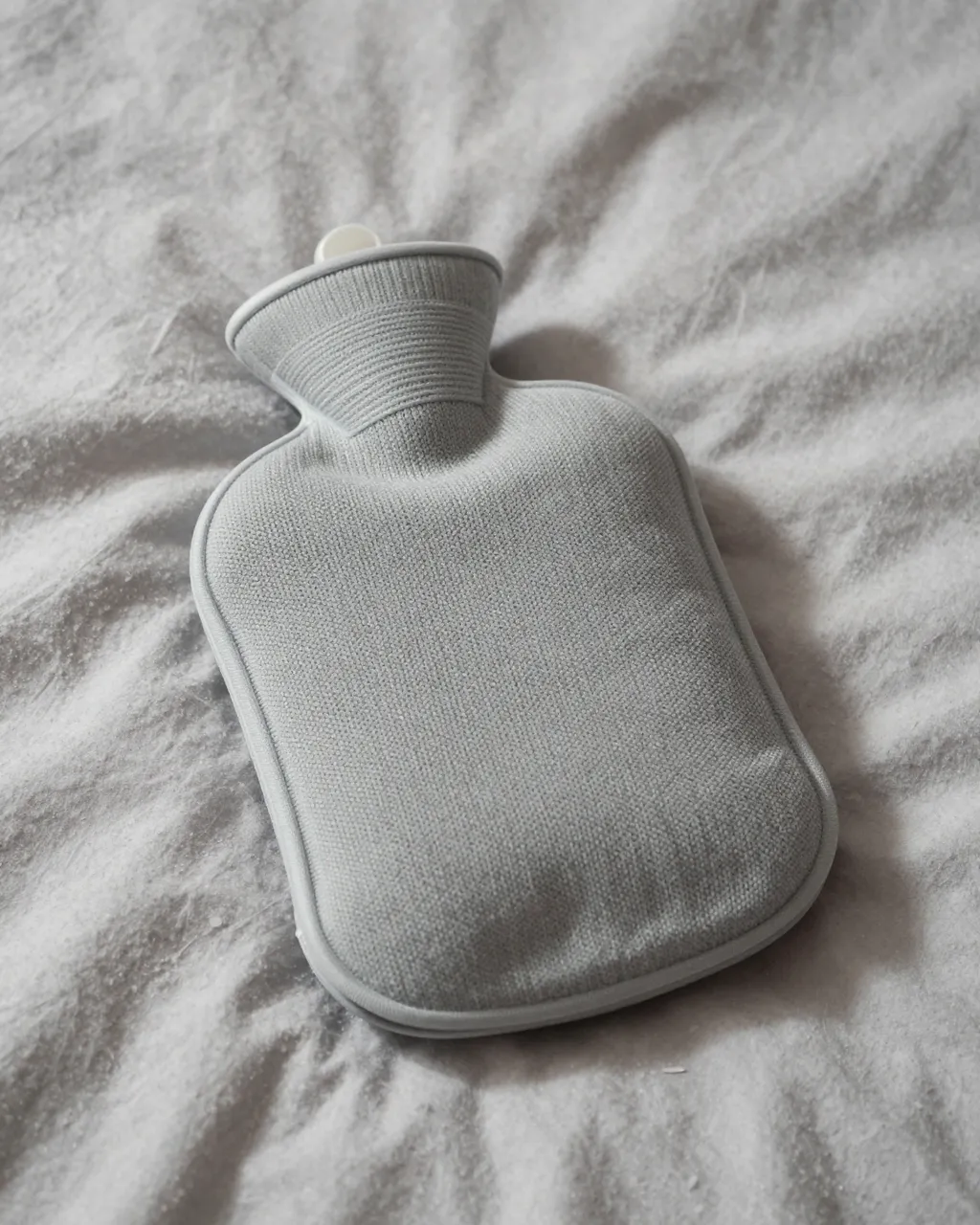 Gray knitted hot water bottle rests on rumpled soft bed linens in gentle morning light.