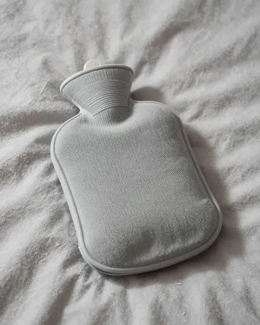 Gray knitted hot water bottle rests on rumpled soft bed linens in gentle morning light.