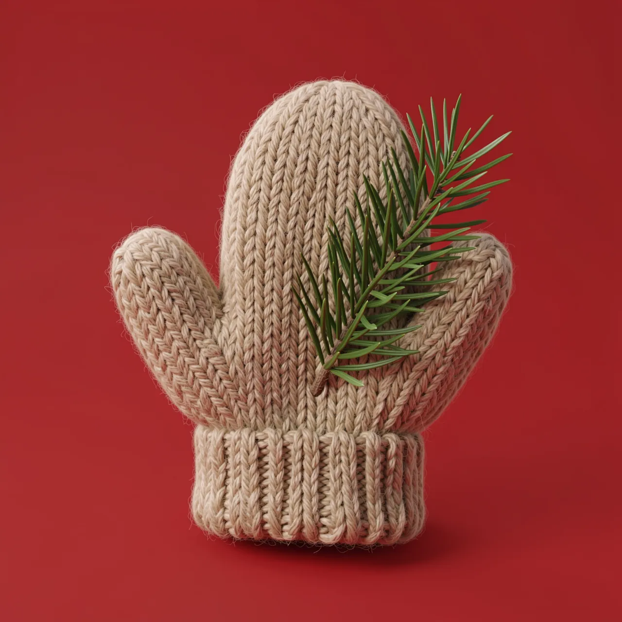 A cozy beige knitted mitten holding a pine sprig against a solid soft red background