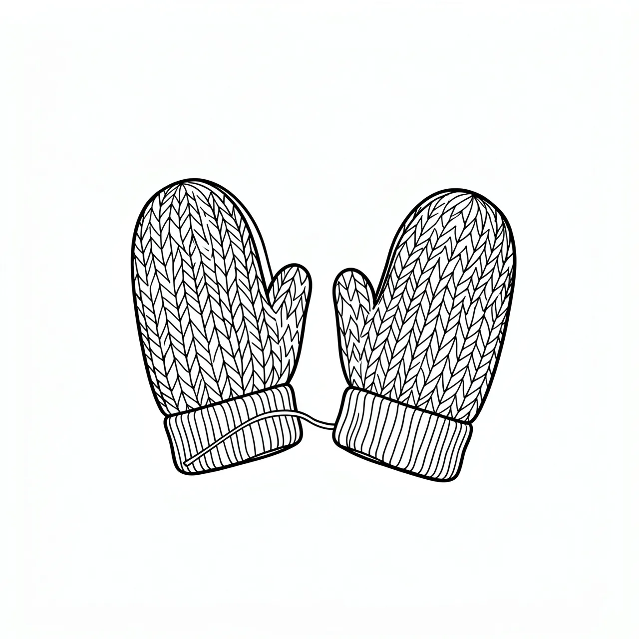 Simple black line illustration of a pair of knitted winter mittens connected by a string on a plain white background