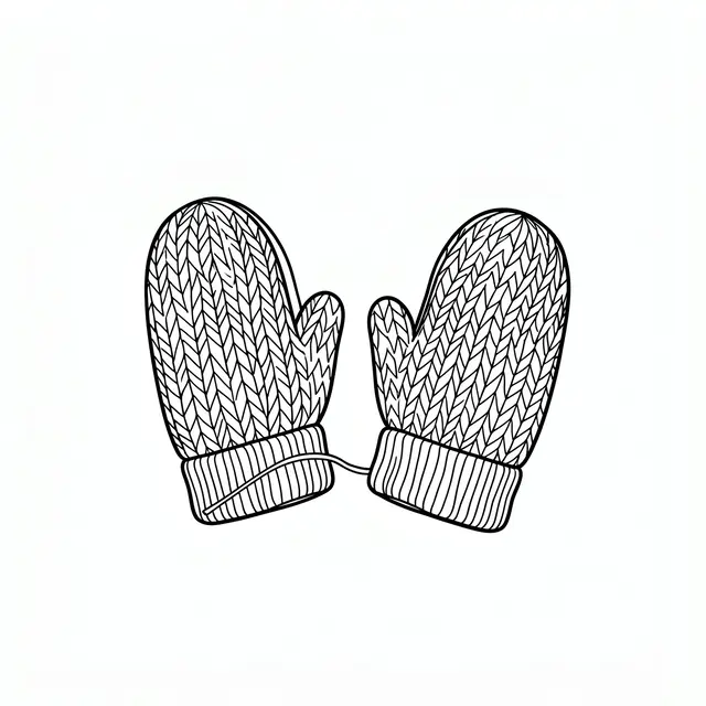 Simple black line illustration of a pair of knitted winter mittens connected by a string on a plain white background
