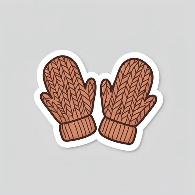 Die-cut sticker of a pair of brown knitted mittens on a plain light gray background