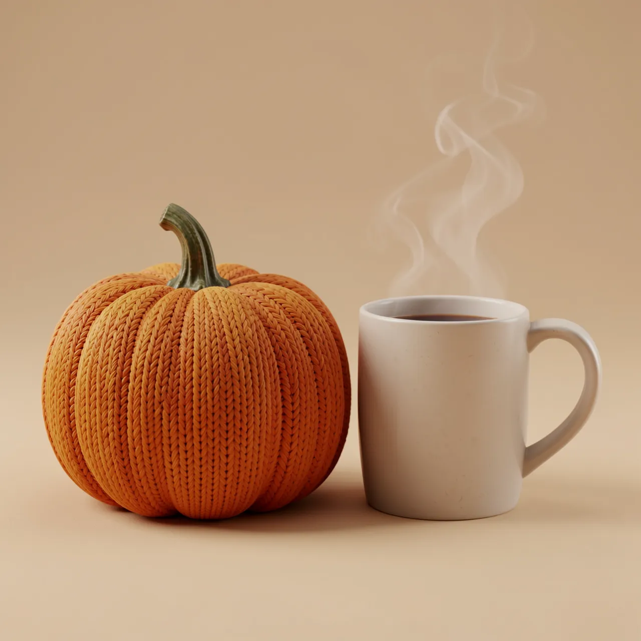 A textured knitted pumpkin sits next to a steaming white mug on a soft beige background.