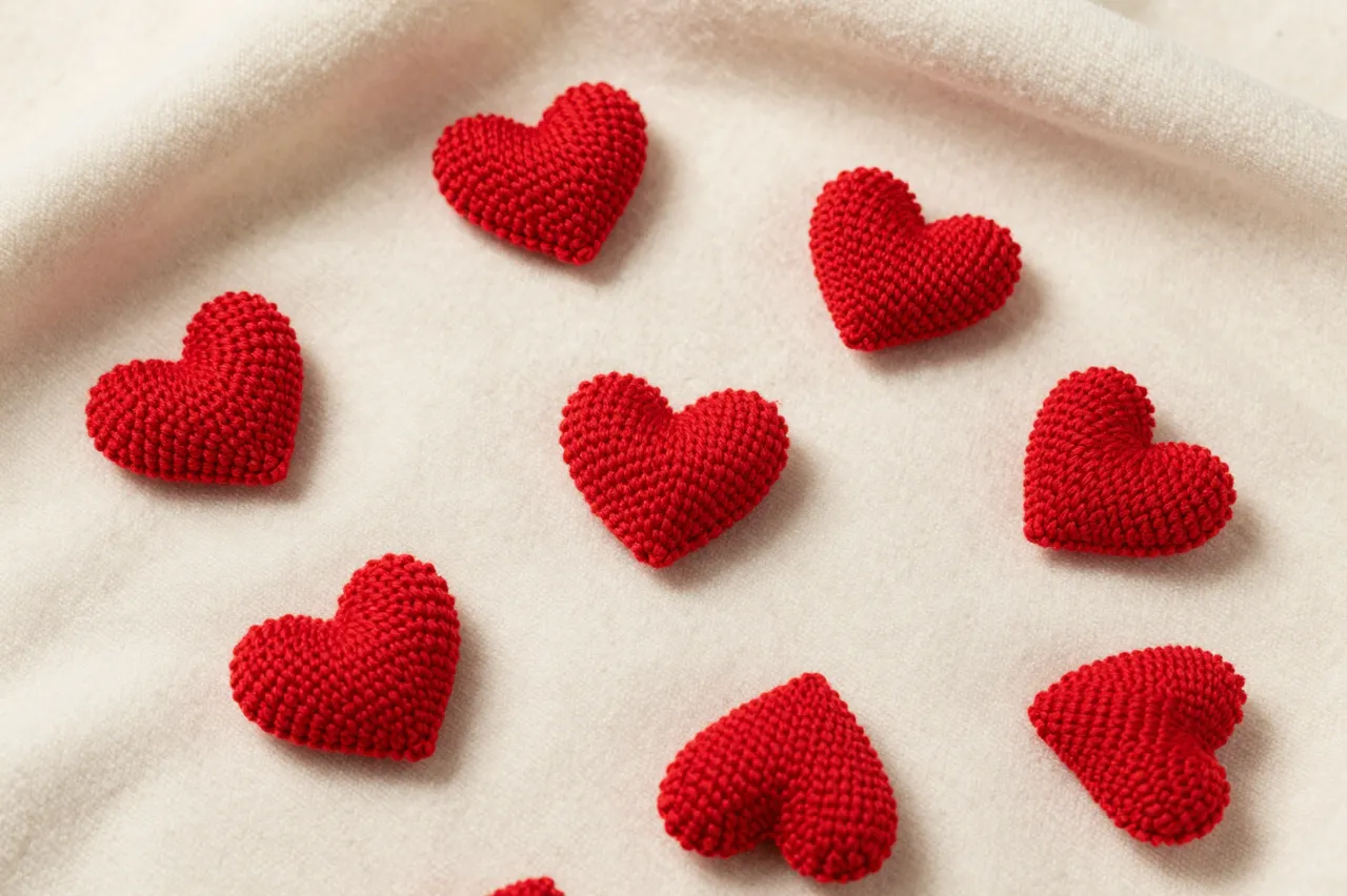 Scattered hand-knitted red hearts rest on a soft cream wool blanket in a top-down view