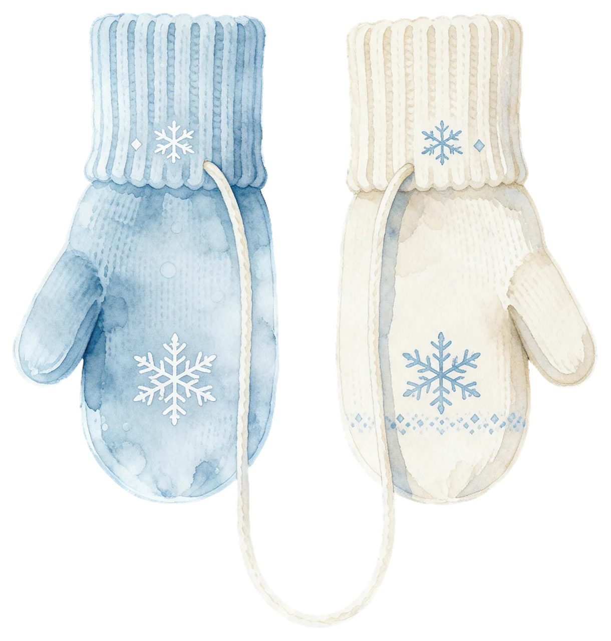 Watercolor illustration of a pair of icy blue and cream mittens joined by a cream hanging string