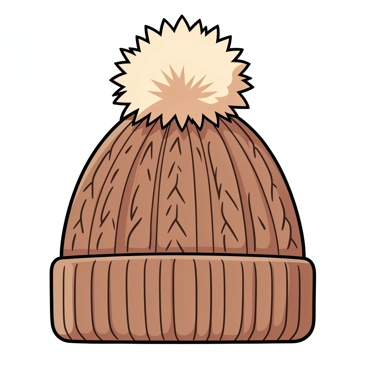 Flat clipart of a brown cable knit winter beanie with a fluffy cream pom-pom on an isolated white background