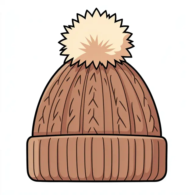 Flat clipart of a brown cable knit winter beanie with a fluffy cream pom-pom on an isolated white background