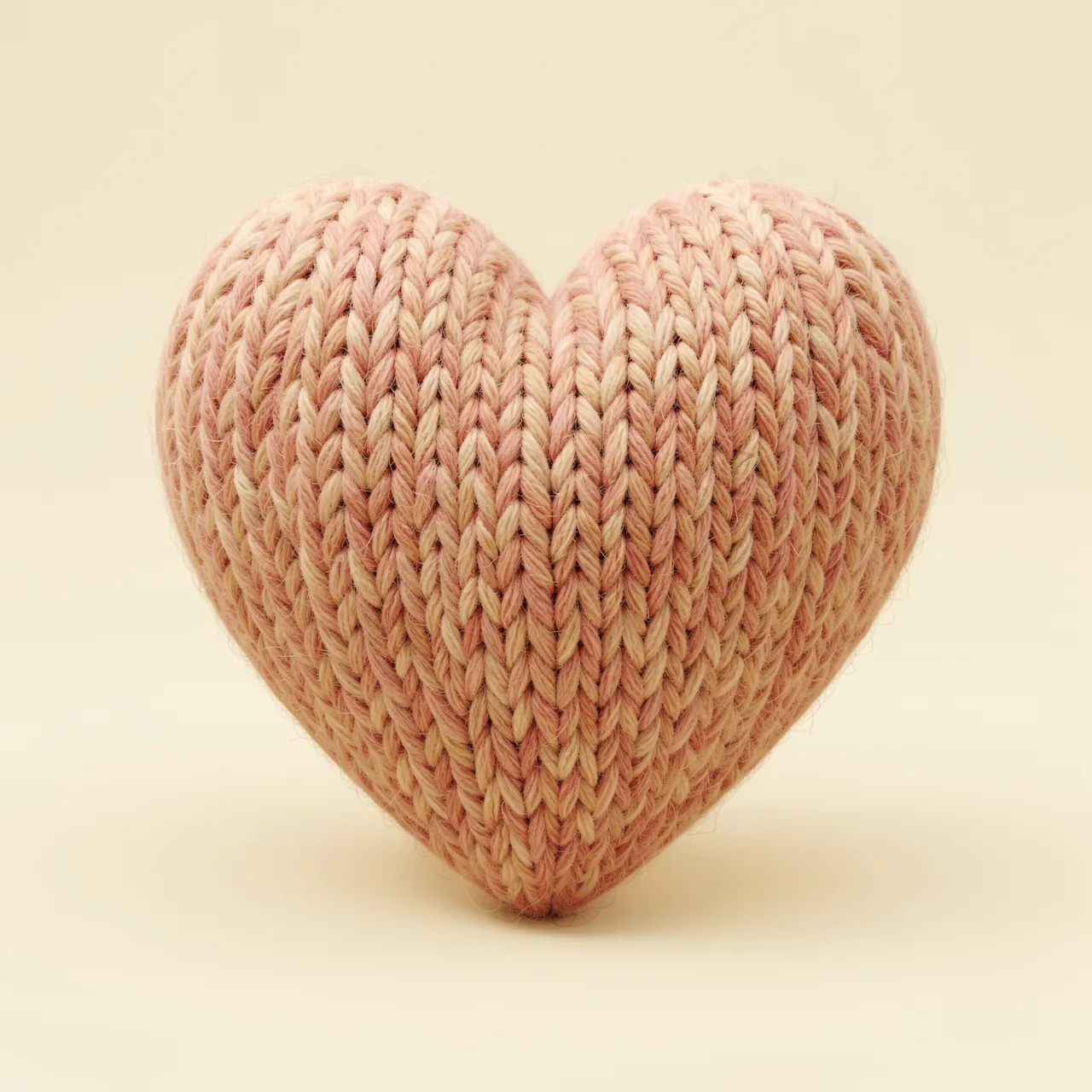 A plump gradient knitted wool heart sits centered against a soft cream background