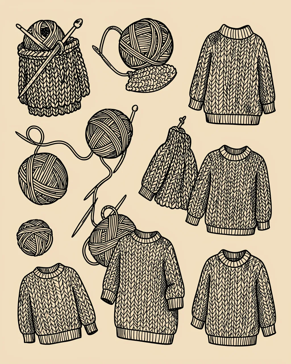 Black hand-drawn doodles of yarn balls, knitting needles, and cozy cable knit sweaters on a solid beige background