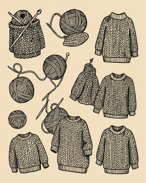 Black hand-drawn doodles of yarn balls, knitting needles, and cozy cable knit sweaters on a solid beige background