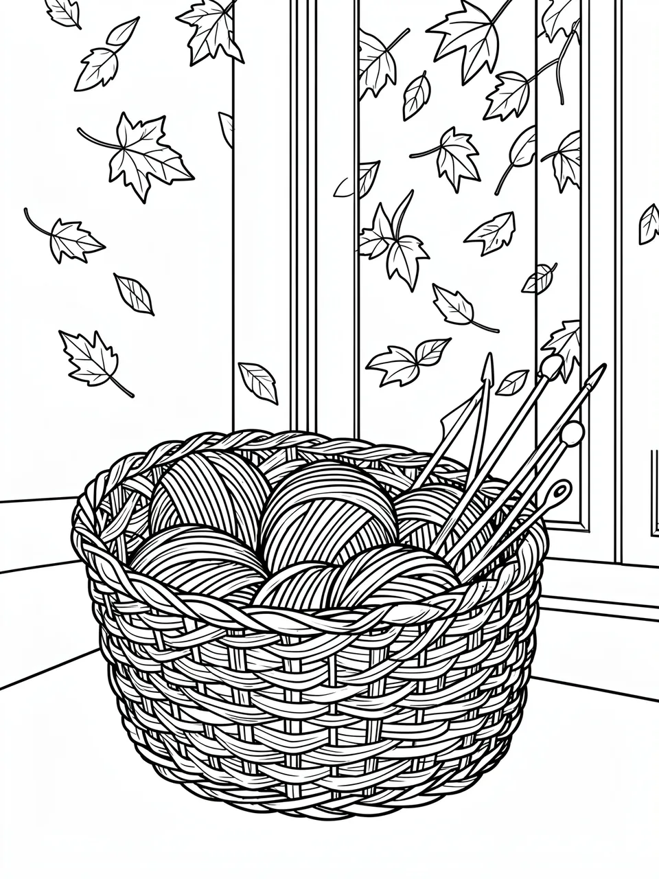 Black and white line art of a yarn basket with knitting needles beside a window with falling autumn leaves