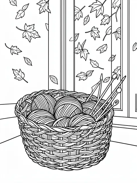 Black and white line art of a yarn basket with knitting needles beside a window with falling autumn leaves